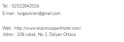 Erasmus Apart Hotel telefon numaralar, faks, e-mail, posta adresi ve iletiim bilgileri